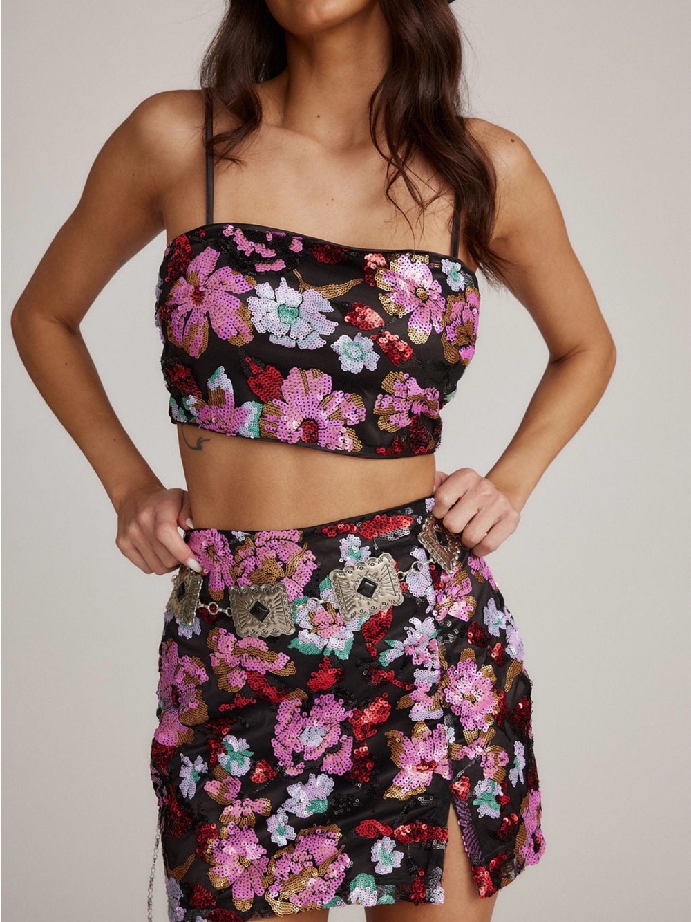 12th Tribe Dynamo Set: Black Floral Sequin Skirt Set with Pink & Red Accents